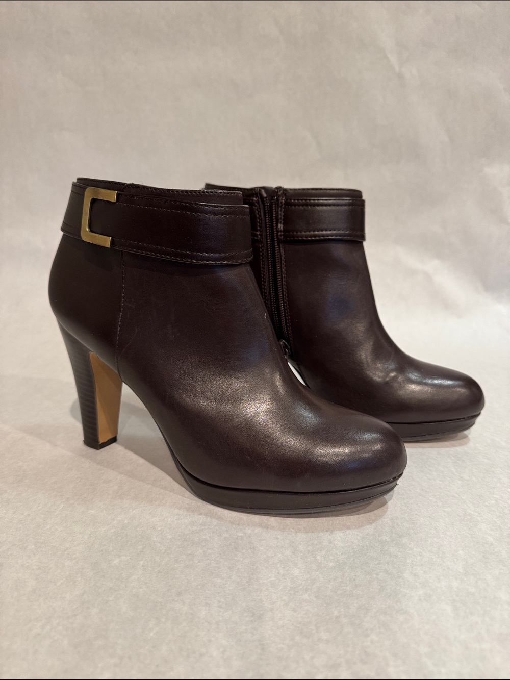 Giani Bernini Dark Brown Leather Ankle Booties with Gold Buckle